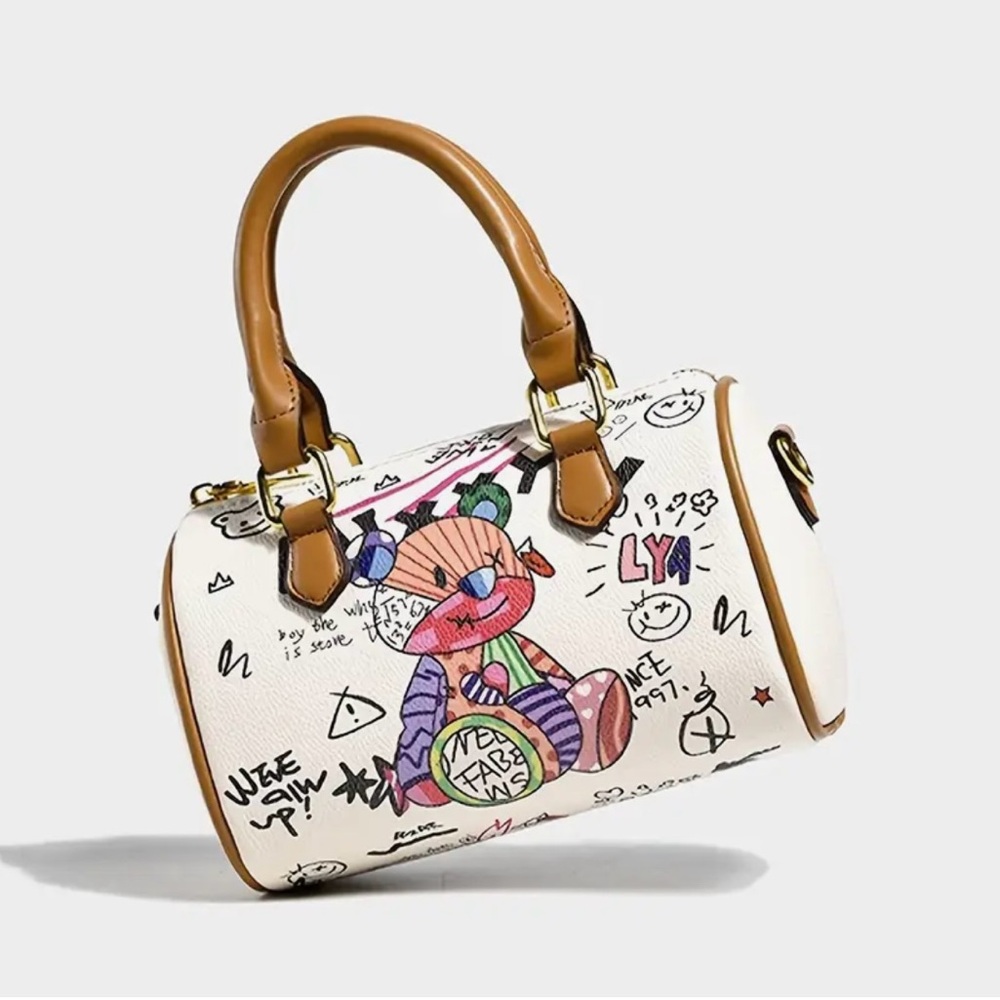 NIP Graffiti Bear Mini Barrel Bag Top Handle Crossbody White Brown Tan - Picture 4 of 7